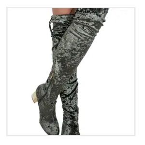 Over the calf velvet green boots with draw string on top zipper on side